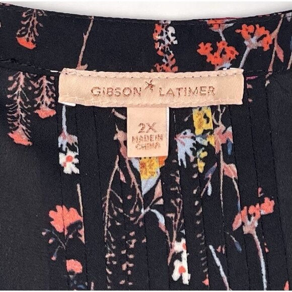 GIBSON LATIMER Womens 2X Black Floral Peasant Blouse TUNIC Roll-Tab Boho EUC - Picture 5 of 7